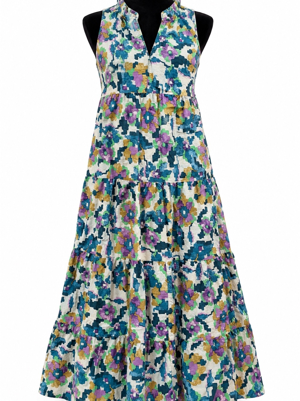 Women’s Floral Tiered Cotton Dress in Teal & Purple